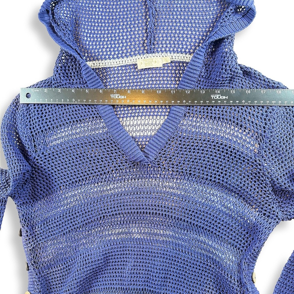 Paradise Shores Blue Open Knit Crochet Hoodie Sweater Side Button Cotton Large - Picture 5 of 7